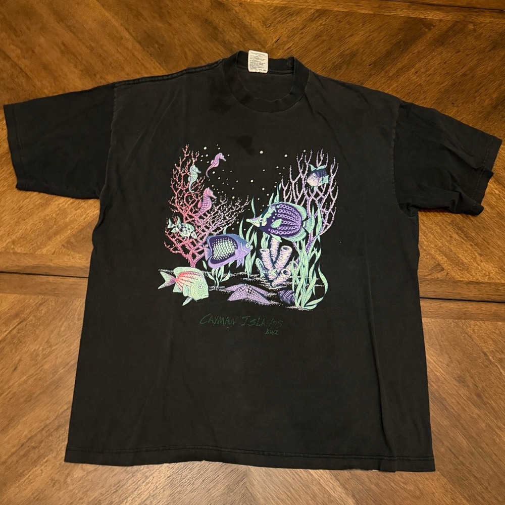 Vintage Cayman Islands Tour Champ Graphic T-Shirt XL Black Tropical‎ Fish 90s